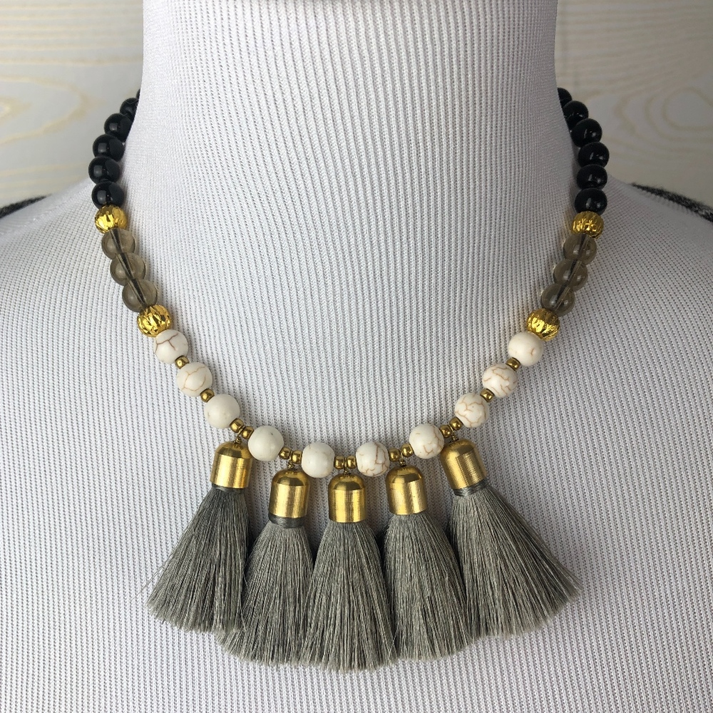 Gray Eclectic Boho Tassel Statement Necklace